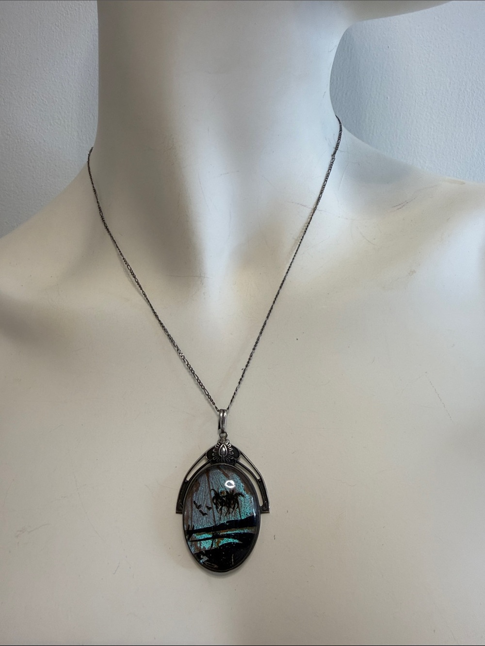 Vintage Art Deco Sterling Silver Morpho Seagull Palm Tree Pendant
